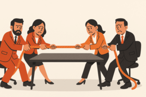 people playing tug of war over a conference table conflict alignment misalignment 800x533